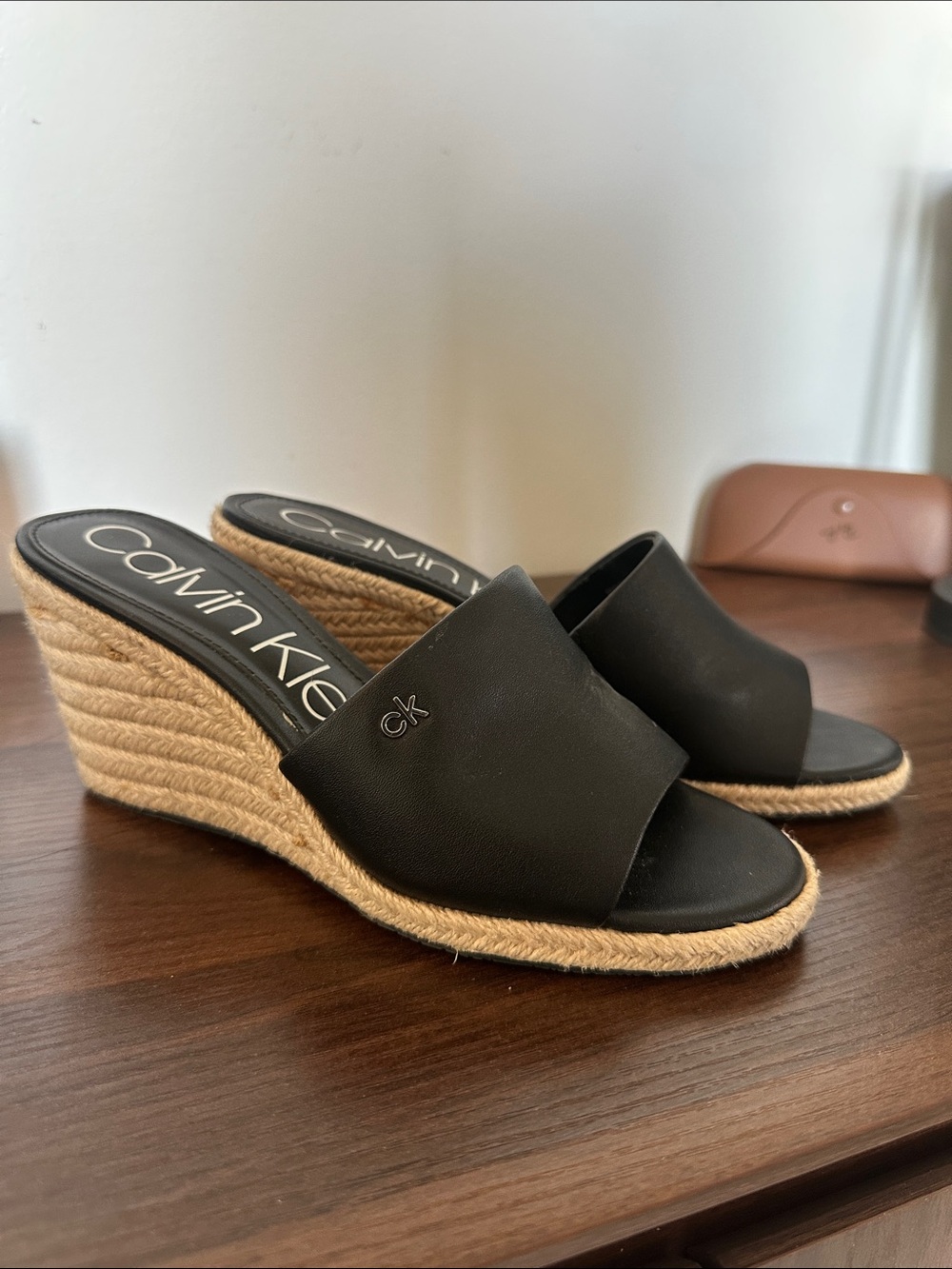 Calvin Klein Black Leather Wedge Espadrille Slide